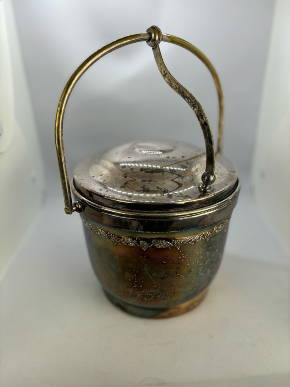 Vintage 1950’s Swing-top Ice Bucket-Silver on Copper/Grape & Leaf design